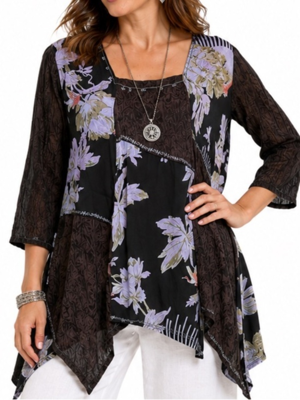 Tienda Ho Patchwork Floral Rayon Tunic Top Artsy Boho Lagenlook Free Size